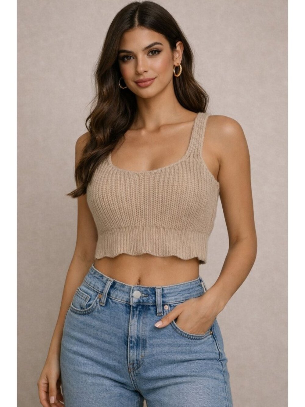 Shein Knit Crop Tank Top Women Small Beige Sleeveless Stretch Casual Summer